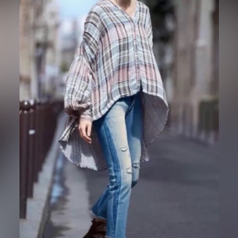 FREE PEOPLE❤️Come On Over, plaid oversized tunic, button down,raw hem,SZ XS,NWOT - Picture 8 of 10